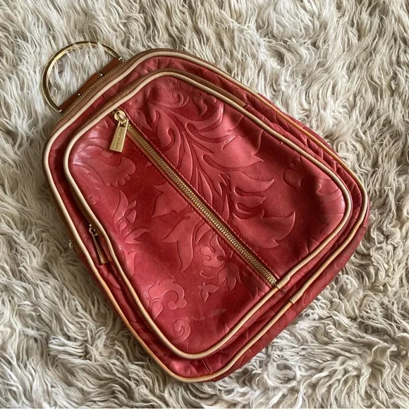 Red Floral Embossed Leather Backpack Handcrafted Floral Leather Backpack: Small Boho Travel Bag  main image 2